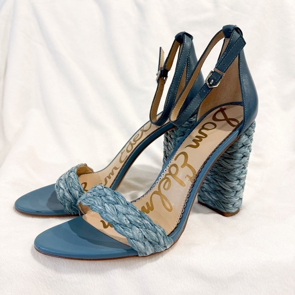 Sam Edelman 10 Yoana Blue Leather Braided Raffia High Heel Ankle Strap Shoes 10